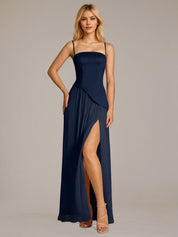 Navy A Line Satin Off The Shoulder Sleeveless Floor Length Dress
