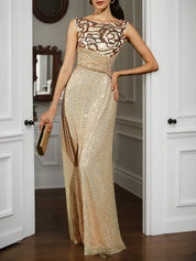 Champagne Golden A-Line Gown Sequin Dress
