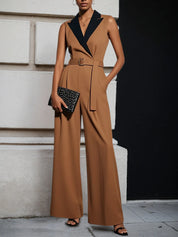 Women Yellow Brown Peaked Lapel Collar Sleeveless Dressy Jumpsuit