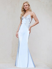 Sky Blue Satin Trumpet/Mermaid Spaghetti Straps Sleeveless Floor Length Bridesmaid Dress