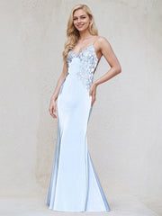 Sky Blue Satin Trumpet/Mermaid Spaghetti Straps Sleeveless Floor Length Bridesmaid Dress