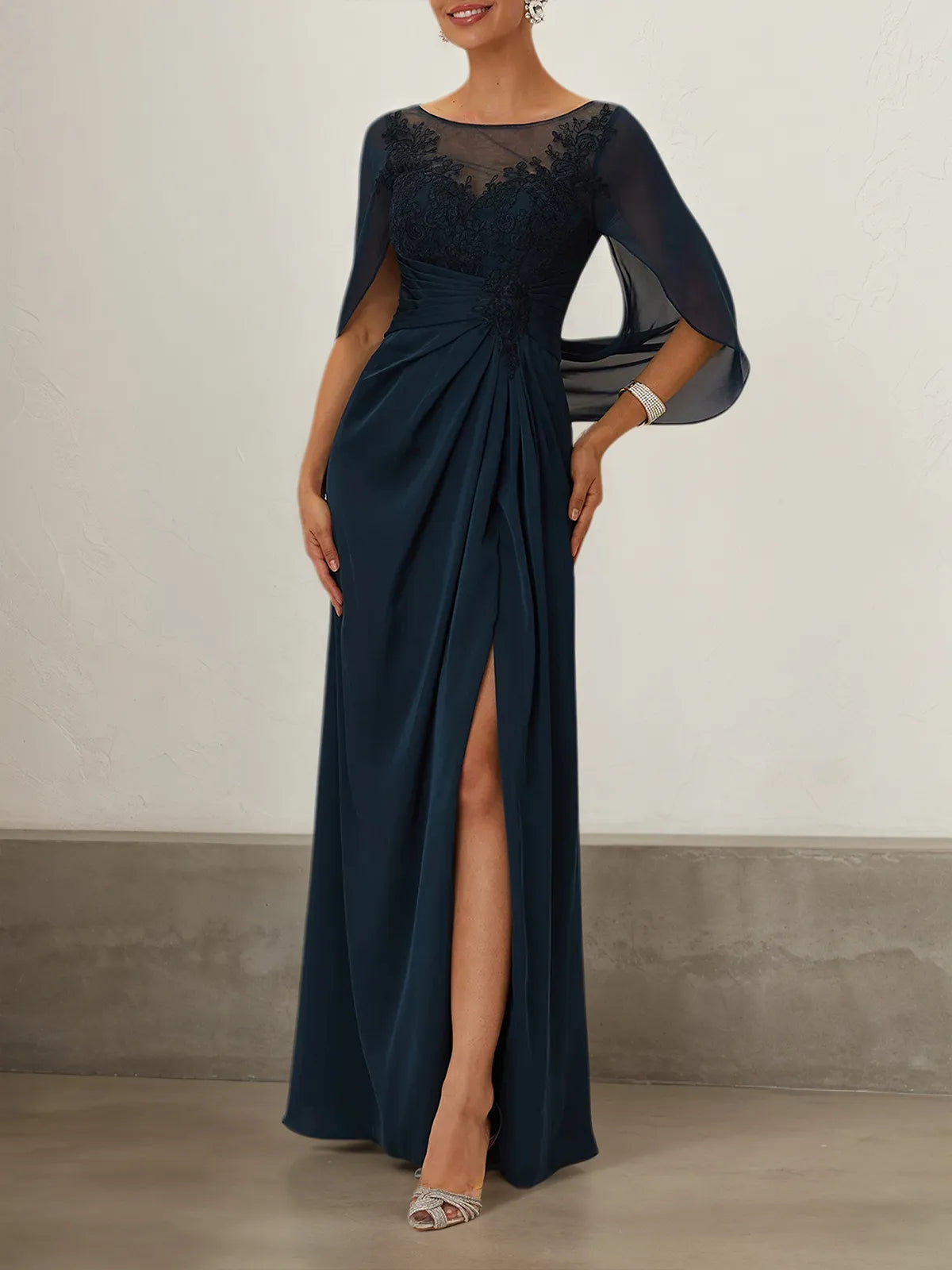 Purplish blue Lace Chiffon Boat Neck Short Sleeve A-Line Maxi Dress
