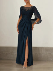 Purplish blue Lace Chiffon Boat Neck Short Sleeve A-Line Maxi Dress