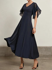 Dreamylily Women Purplish blue Chiffon V Neck Short Sleeve Bell Sleeve A-Line Midi Dress Dreamylily Women Purplish blue Chiffon V Neck Short Sleeve Bell Sleeve A-Line Midi Dress