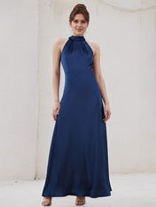 A Line Royal Blue Satin Halter Neck Sleeveless Ankle Length Pleated Dress With Bow