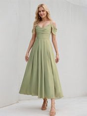 Green Chiffon A Line Spaghetti Straps Sleeveless Ankle Length Bridesmaid Dress