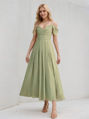 Green Chiffon A Line Spaghetti Straps Sleeveless Ankle Length Bridesmaid Dress
