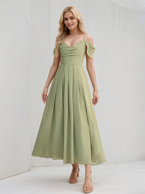 Green Chiffon A Line Spaghetti Straps Sleeveless Ankle Length Bridesmaid Dress