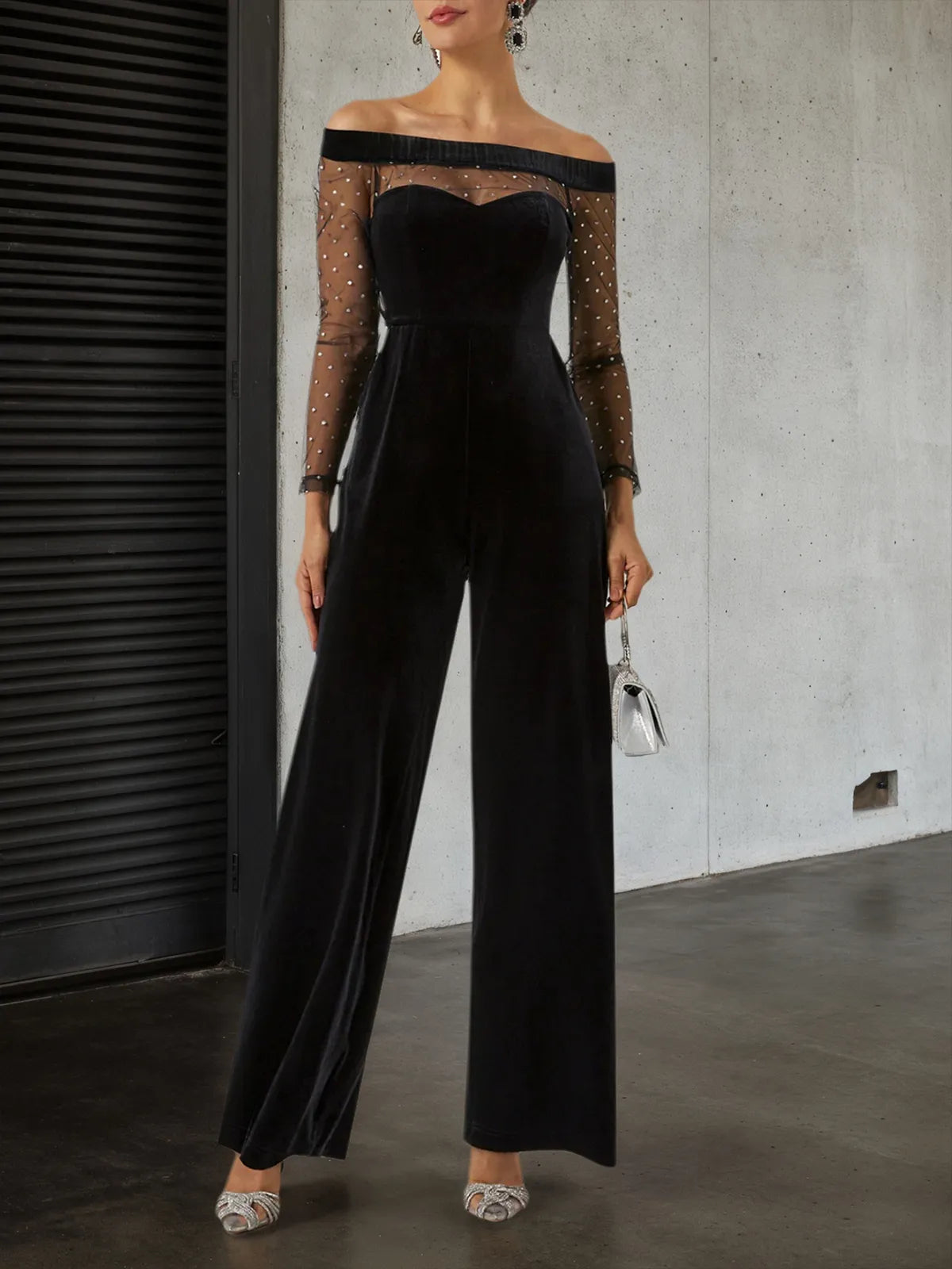 Women Velvet Black Mesh Off The Shoulder Long Sleeve Dressy Jumpsuit