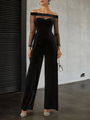 Women Velvet Black Mesh Off The Shoulder Long Sleeve Dressy Jumpsuit