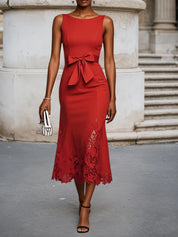 Red Bow Boat Neck Neckline Sleeveless Mermaid Maxi Dress