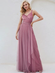 Orchid Tulle A Line Spaghetti Straps Sleeveless Floor Length Bridesmaid Dress