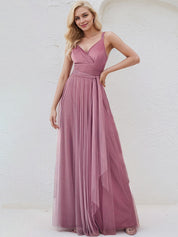 Orchid Tulle A Line Spaghetti Straps Sleeveless Floor Length Bridesmaid Dress