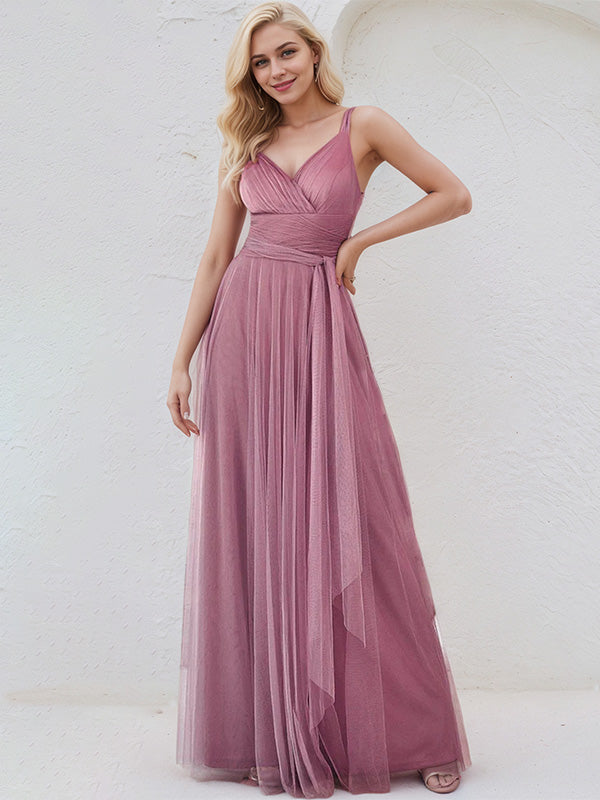 Orchid Tulle A Line Spaghetti Straps Sleeveless Floor Length Bridesmaid Dress