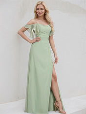 Celadon Chiffon A Line Spaghetti Straps Floor Length Bridesmaid Dress With Ruffle