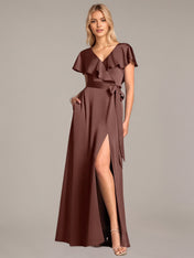A Line Satin V Neck Short Sleeves Floor Length Dresses With Ruffles