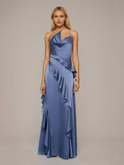 Slate Blue Sheath/Column Satin Asymmetrical Sleeveless Floor Length Dresses With Ruffles