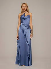 Slate Blue Sheath/Column Satin Asymmetrical Sleeveless Floor Length Dresses With Ruffles