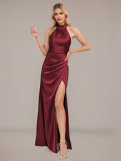 Burgundy Sheath/Column Halter Floor-Length Satin Bridesmaid Dress With Ruched