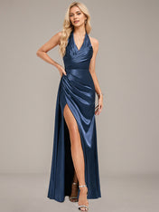 Navy Blue A-Line Halter Floor-Length Satin Bridesmaid Dress With Ruched