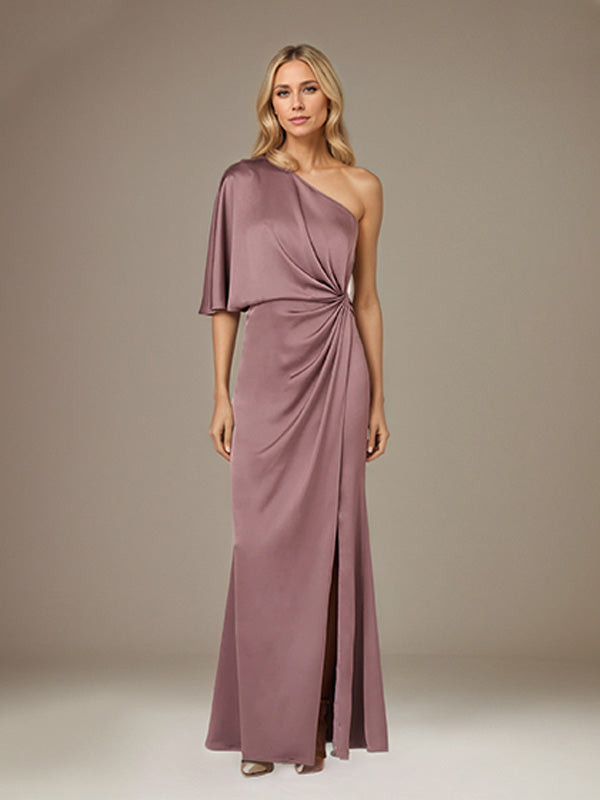Mauve Satin One Shoulder 1/2 Sleeves Floor Length Pleated Dress With High Slit