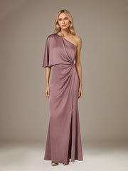 Mauve Satin One Shoulder 1/2 Sleeves Floor Length Pleated Dress With High Slit