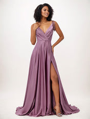 Wisteria A-Line Satin Ruffles V-Neck Sleeveless Floor Length Bridesmaid Dresses