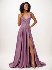 Wisteria A-Line Satin Ruffles V-Neck Sleeveless Floor Length Bridesmaid Dresses