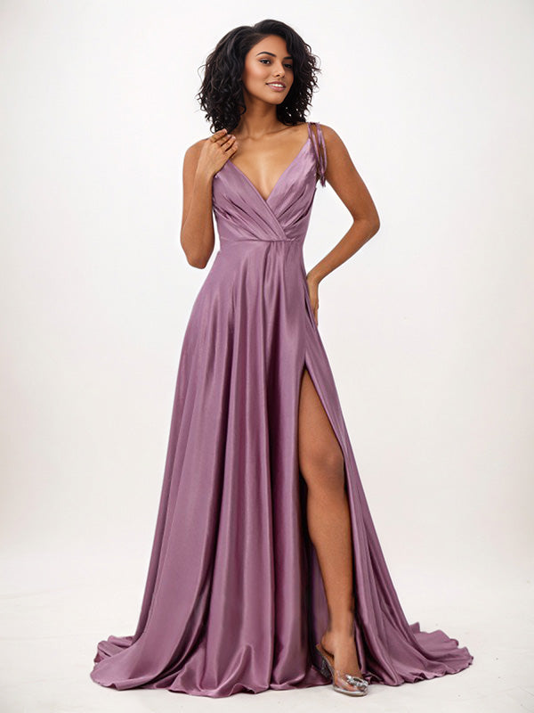 Wisteria A-Line Satin Ruffles V-Neck Sleeveless Floor Length Bridesmaid Dresses