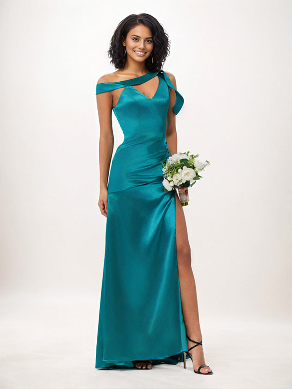 Jade Sheath/Column One Shoulder Floor-Length Satin Bridesmaid Dress