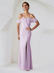 Lilac Chiffon Sheath/Column Spaghetti Straps Sleeveless Floor Length Bridesmaid Dress With Ruffle