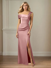 Sheath/Column One Shoulder Floor-Length Satin Dress With Pleated