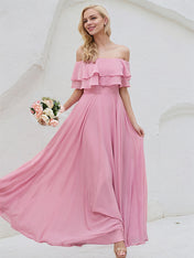 Peony Chiffon A Line Off The Shoulder Sleeveless Floor Length Bridesmaid Dress