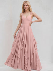 Dusty Rose Chiffon A Line Spaghetti Straps Floor Length Bridesmaid Dress With Cascading Ruffles