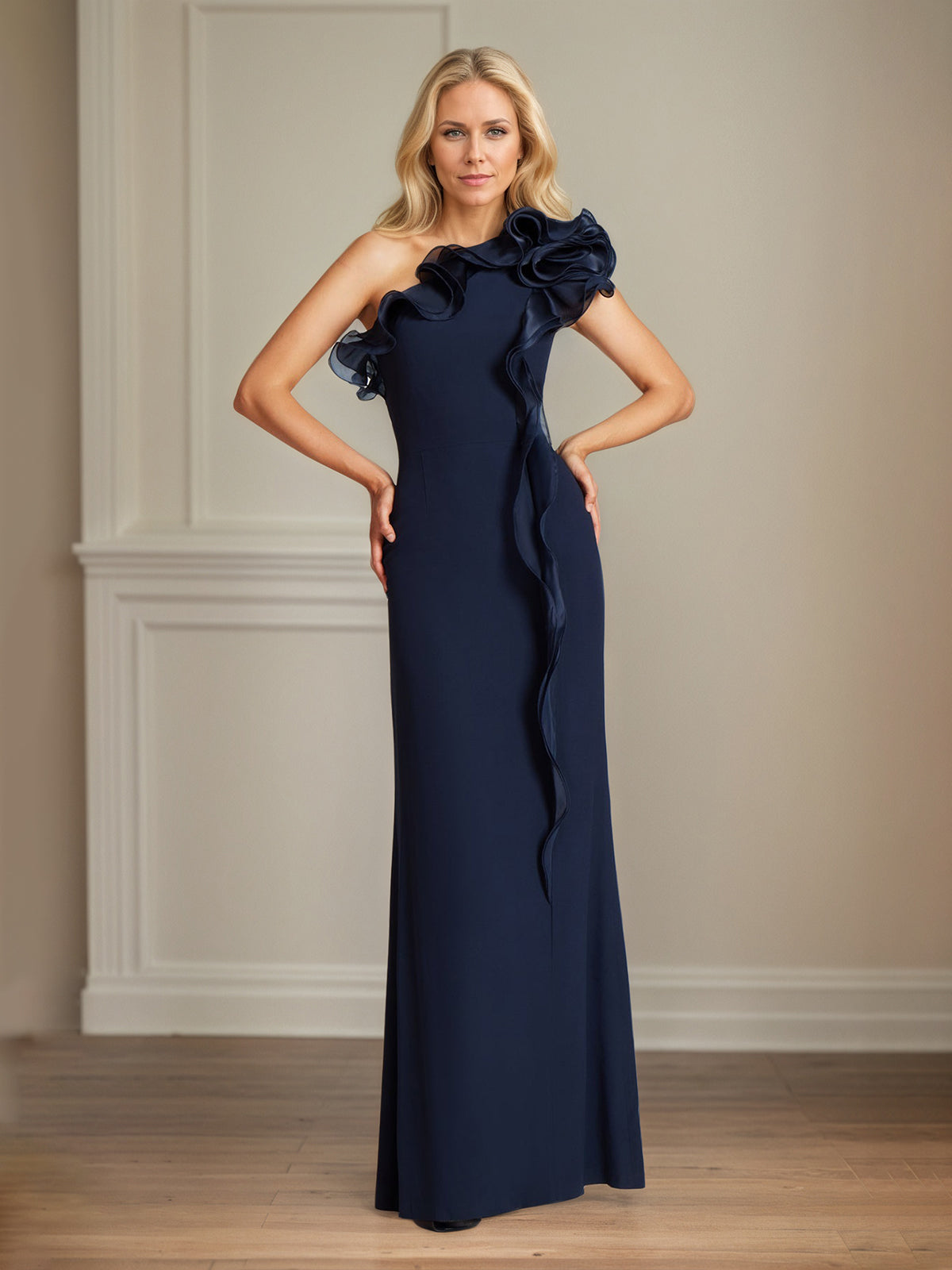 Navy Stretch Crepe Sheath/Column One Shoulder Floor Length Mother of the Bride Dresses With Ruffles
