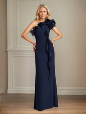 Navy Stretch Crepe Sheath/Column One Shoulder Floor Length Mother of the Bride Dresses With Ruffles