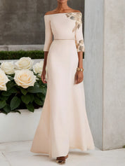White Embroidery Classic Off The Shoulder Half Sleeve A-Line Maxi Dress