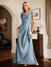 A Line Satin V Neck Short Sleeve Floor Length Dress With Appliques