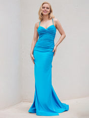 Ocean Blue Stretch Crepe Spaghetti Straps Sleeveless Floor Length Bridesmaid Dress