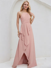 Dusty Rose Chiffon A Line Halter Neck Sleeveless Asymmetrical Bridesmaid Dress