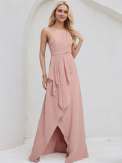 Dusty Rose Chiffon A Line Halter Neck Sleeveless Asymmetrical Bridesmaid Dress
