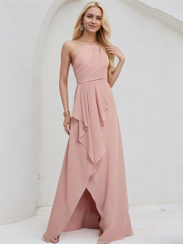 Dusty Rose Chiffon A Line Halter Neck Sleeveless Asymmetrical Bridesmaid Dress