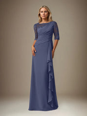 A Line Chiffon Boat Neck 1/2 Sleeves Floor Length Pleated Mother of the Bride Dresses With Appliques