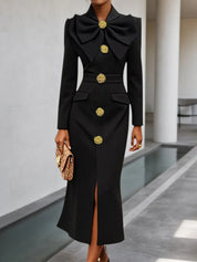 Black Bow Collar Long Sleeve Blazer Sheath Midi Dress