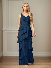 A Line Satin V Neck Sleeveless Floor Length Mother of the Bride Dress With Ruffles