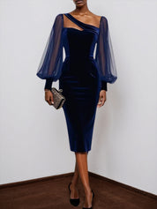 Purplish Blue Mesh Balloon Sleeve Sheath Midi Velvet Dress