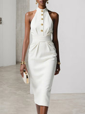 White Buckle Ruched Classic Halter Sleeveless Sheath Midi Dress