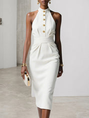 White Buckle Ruched Classic Halter Sleeveless Sheath Midi Dress