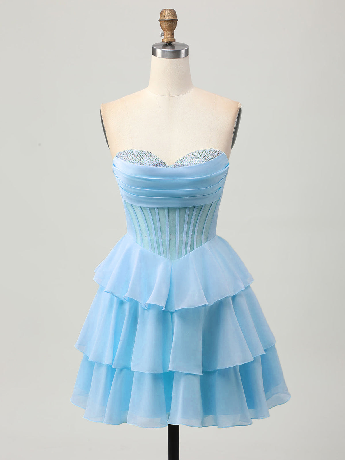 Blue A Line Strapless Tiered Corset Beaded Homecoming Dress