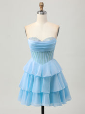 A Line Strapless Tiered Corset Beaded Homecoming Dress